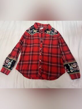 Johnny Was Floral Embroidered Red and Pink Plaid Snap-Front Shirt